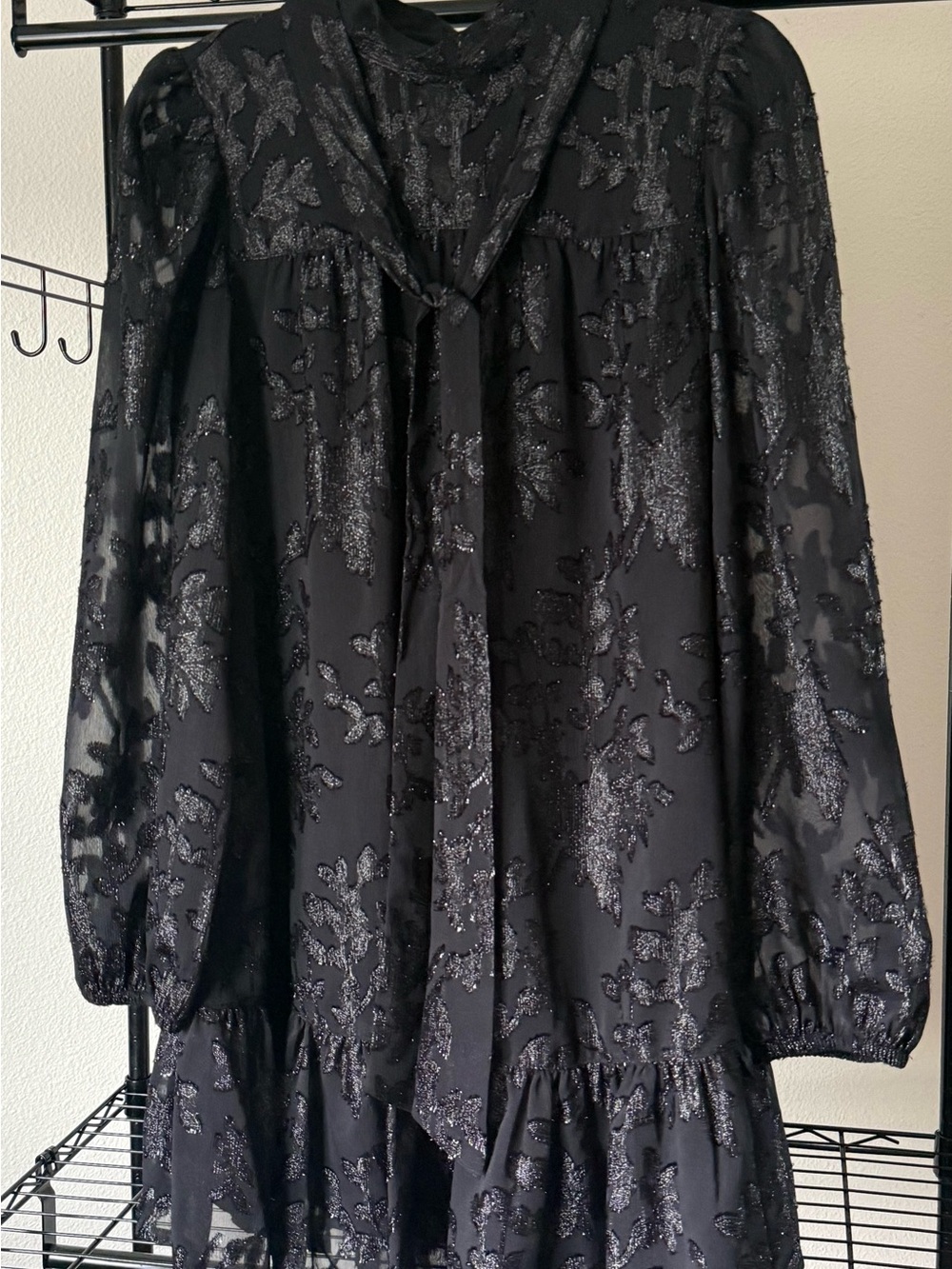 Treasure & Bond Black Sparkle Floral Tie-Front Long Sleeve Dress